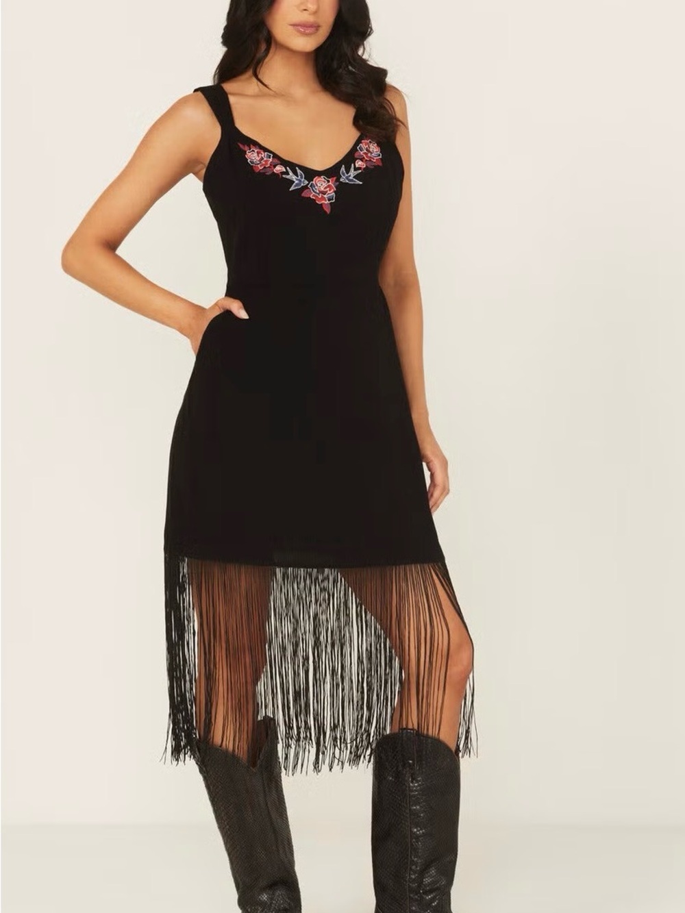 IDYLLWIND Embroidered V-Neck Black Fringe Hem Dress Country Rodeo Women’s L